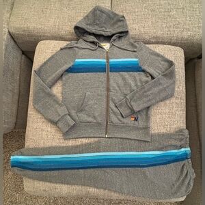 Aviator Nation 🌈 Grey 5 Blue Ombré Stripe Hoodie (XS) & Sweatpants (S)